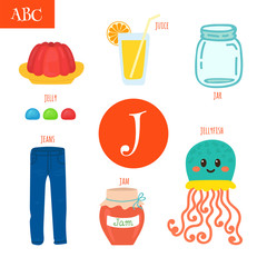 Letter J. Cartoon alphabet for children. Jellyfish, jelly, jar,