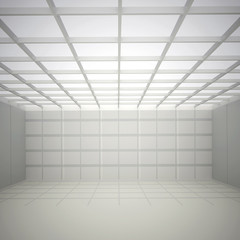 3d illustration. White interior of not existing building with a square cellular ceiling and wall and top light in perspective. Symmetrical view, render
