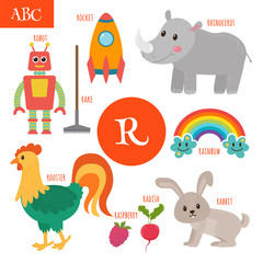 Letter R. Cartoon alphabet for children. Radish, rhinoceros, roc