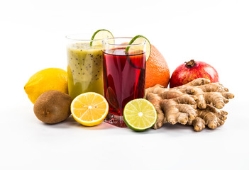 Fresh fruits and juice isolated on white background