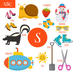 Letter S. Cartoon alphabet for children. Submarine, sun, scissor