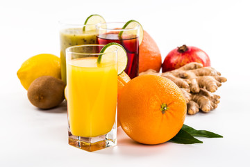 Fresh fruits and juice isolated on white background