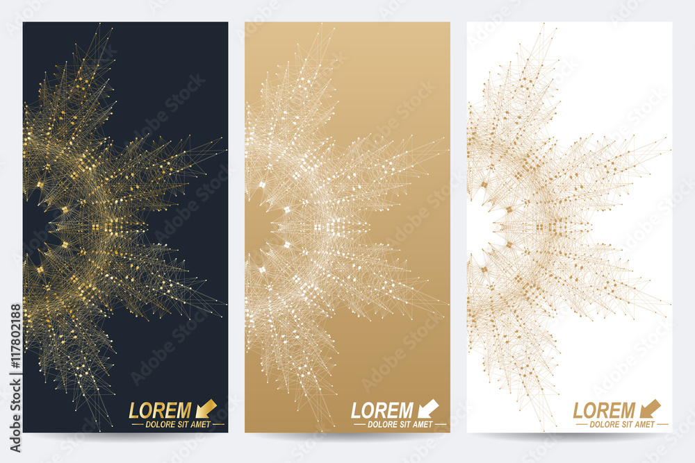 Poster modern set of vector flyers. geometric abstract presentation with golden mandala. molecule and commu