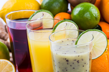 Fresh fruits and juice isolated on white background