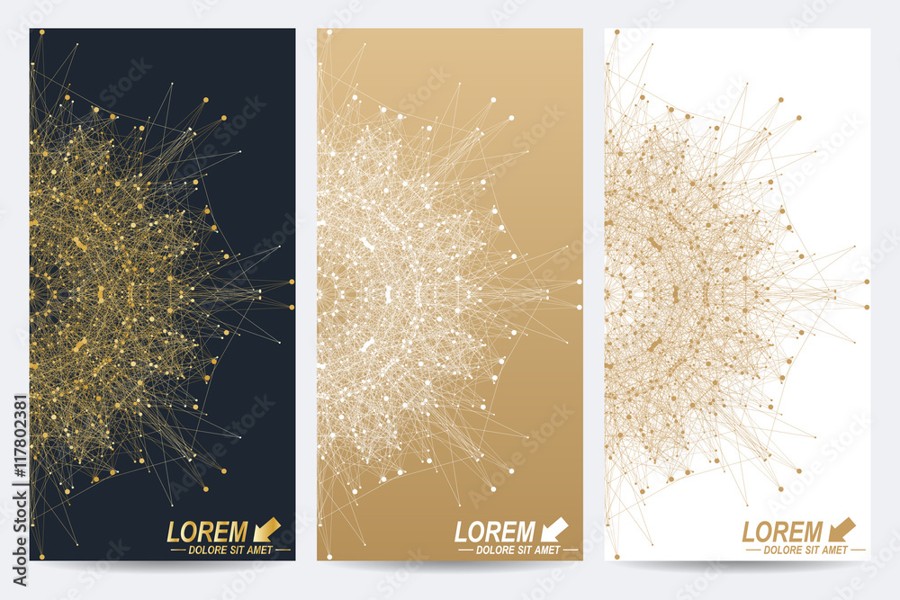 Poster Modern set of vector flyers. Geometric abstract presentation with golden mandala. Molecule and communication background for medicine, science, technology, chemistry.