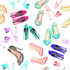 Seamless pattern with the women's watercolor hand drawn shoes on the heels, painted on a white background