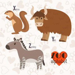 Zoo alphabet with funny animals. X, y, z letters. Xerus, yak, zo