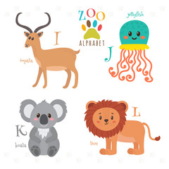 Obraz na płótnie Canvas Zoo alphabet with funny cartoon animals. I, j, k, l letters. Imp