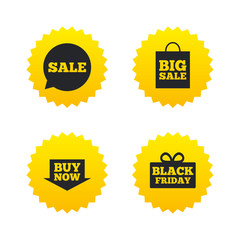 Sale speech bubble icons. Buy now arrow symbol