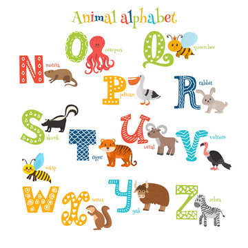 Zoo. Cute cartoon animals alphabet from N to Z in cartoon style