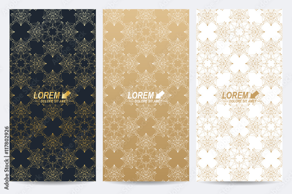 Poster Modern set of vector flyers. Geometric abstract presentation with golden mandala. Molecule and communication background for medicine, science, technology, chemistry.