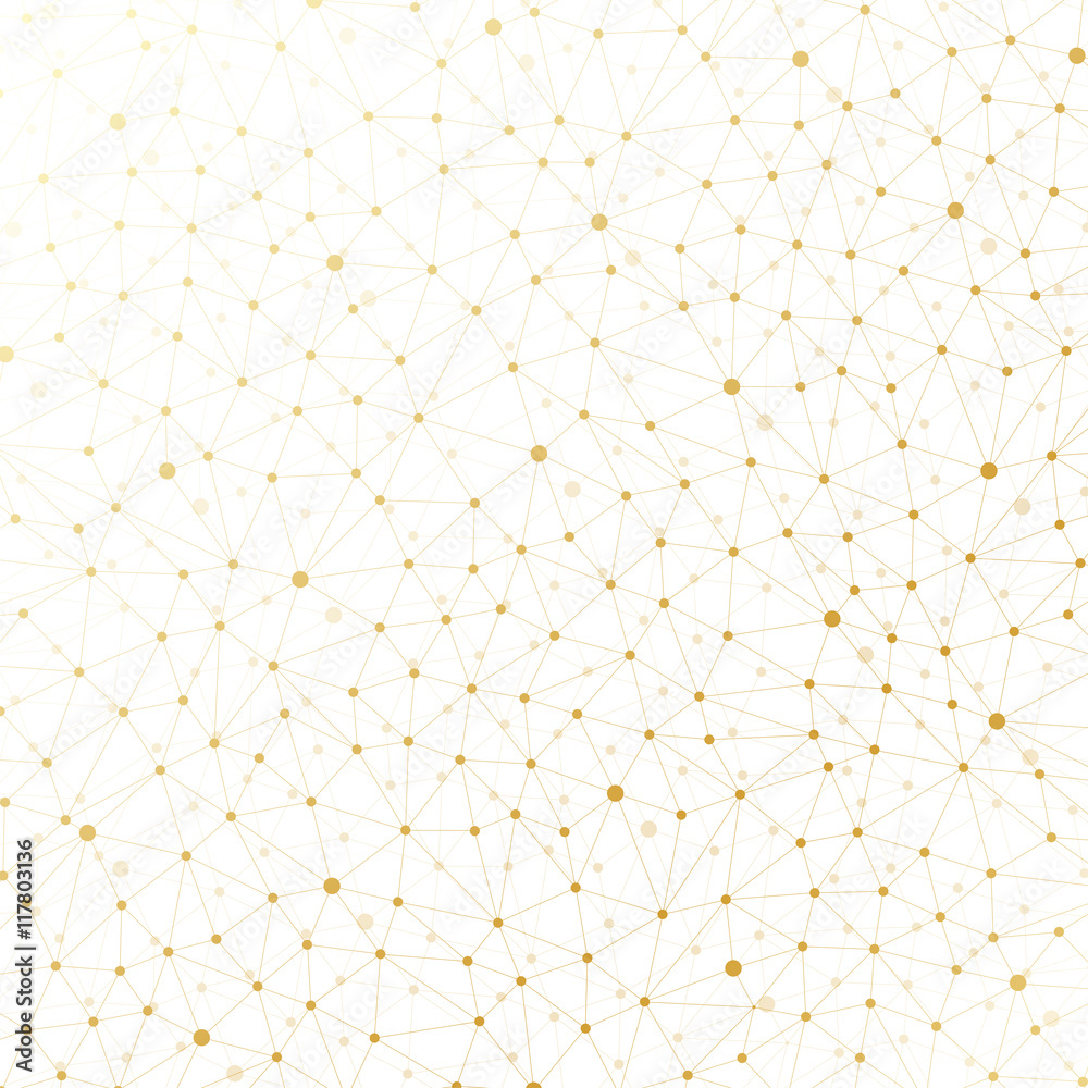 Poster geometric abstract background with connected line and dots. graphic gold backdrop for your design. v