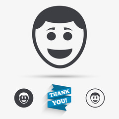 Smile face icon. Smiley with hairstyle symbol.