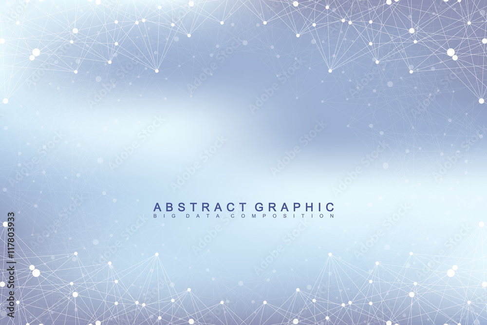Poster Graphic abstract background communication. Big data visualization. Connected lines with dots. Social networking. Illusion of depth and perspective. Vector illustration.