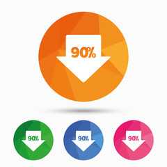 90 percent sale arrow tag sign icon.