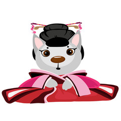 Cute kitty geisha on white background, anime