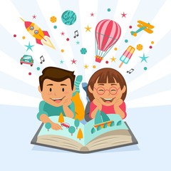 Happy children reading a imaginative book - 117808102