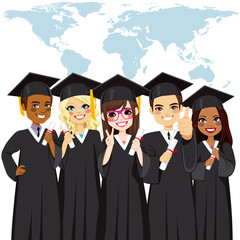 Graduation group of young students with world map on background global diversity concept