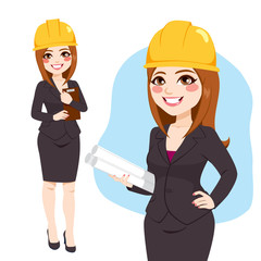 Architect woman character standing with yellow safety helmet holding blueprints