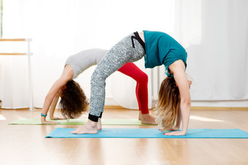 Flexible young women practice chakrasana asana in yoga studio