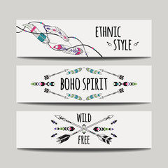 Vector set of abstract ethnic banners with arrows, feathers and geometric ornaments. Boho design brochure templates. Modern colorful tribal backgrounds.