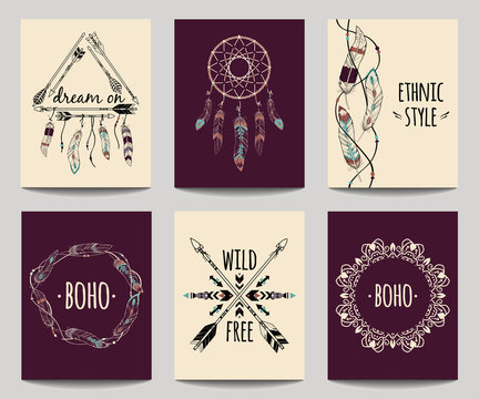 Vector set of abstract ethnic flyers with arrows, dreamcatcher, feather frames. Boho design brochure templates. Modern colorful tribal backgrounds.