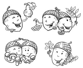 Cartoon vector colorful  set with acorn smiling characters with pumpkin, mushroom and leaves. fall season illustration