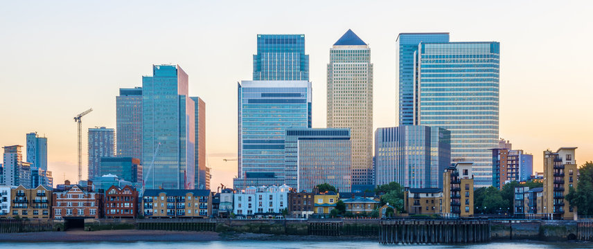 Canary Wharf, financial hub in London at sunset