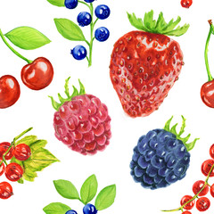 Watercolor berries set on white background. Fresh healthy set of different kind of berries as strawberry, blackberry, cherry and more. Seamless pattern.
