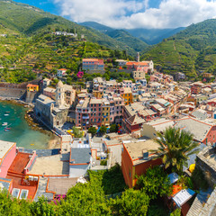 Fototapeta na wymiar Aerial panoramic view of Vernazza fishing village in Five lands, Cinque Terre National Park, Liguria, Italy.