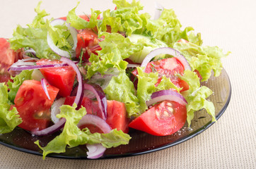 Plate with vegetable salad with fresh tomatoes, onion and lettuc