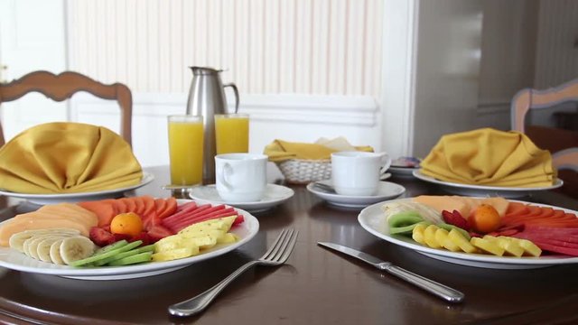 beautifully prepared breakfast in a hotel room