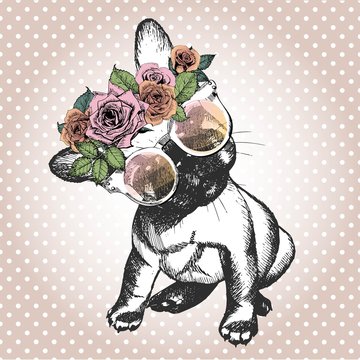 Vecotr portrait of dog, wearing the floral wreath and sunglasses. French bulldog breed.