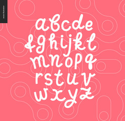 Vector handwritten script latin alphabet on the red outlined shapes patterned background