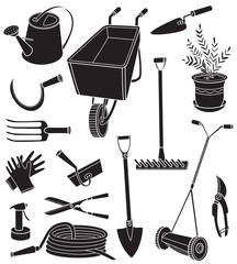 Silhouettes of gardening tools set