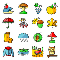 Fall season colorful thin and simply icons set. Autumn plants and nature season specific