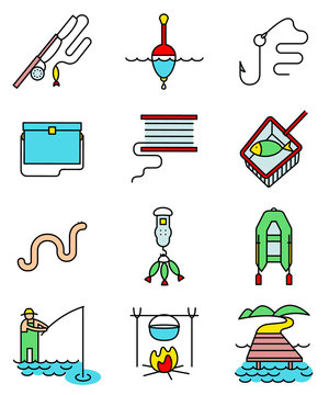 Fishing hobby line art thin and simply colorful icons set.