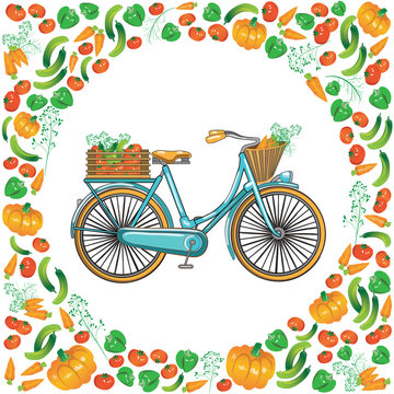Healthy Lifestyle infographic. Postcard bike with a basket and a box of vegetables on white background.