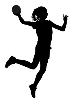 Handball player in action vector silhouette illustration isolated on white background. Woman handball player symbol. Handball girl jumping in the air.