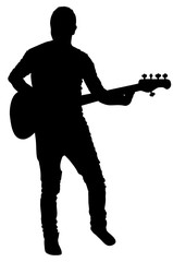 Guitarist vector silhouette illustration isolated on white background. Popular music super star on stage.