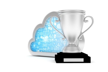 Isoalted silver cup with cloud on white background. Concept of cloud storage competition. Leader cloud drive. Best storage contest. 3D rendering.