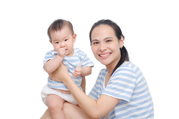 Beautiful young asian mother with her child over white backgroun