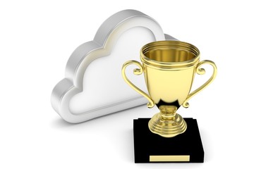 Isoalted golden cup with cloud on white background. Concept of cloud storage competition. Leader cloud drive. Best storage contest. 3D rendering.