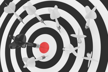 Darts board with red center on white background. 3D rendering.