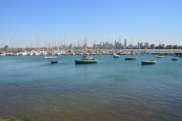 Fototapeta na wymiar Views of Port Phillip Bay in Australia - Melbourne, Boats moored in Port Phillip Bay, Melbourne