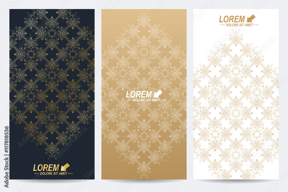 Poster Modern set of vector flyers. Geometric abstract presentation with golden mandala. Molecule and communication background for medicine, science, technology, chemistry.