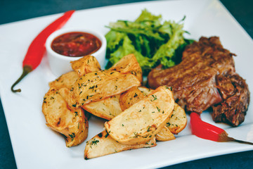 Beautiful potatoes fried in Korean and ribeye steak