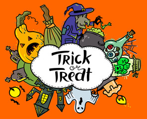 Halloween background  and Trick or treat hand-drawn lettering