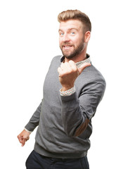 blond man. happy expression
