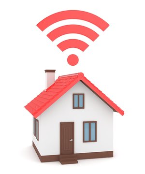 Wifi House On White Background. Wireless Technology. Internet, Phone And Radio Signal. Network. 3D Rendering